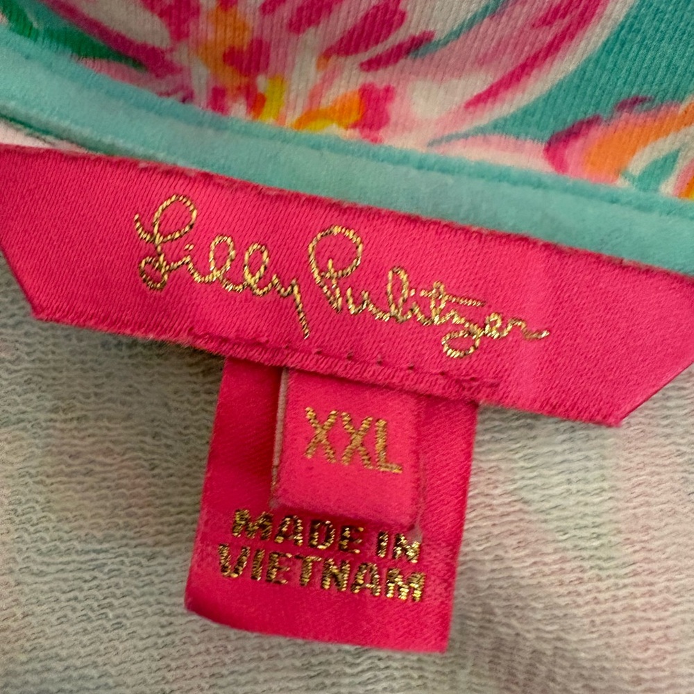 Lilly Pulitzer Quarter Zip- Pink & teal floral print with sea turtles. - Picture 12 of 12